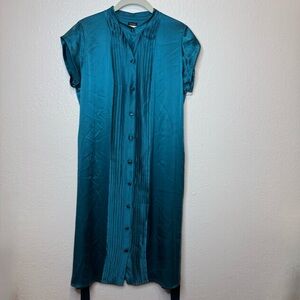 Tufi Duex Crewneck Midi Silk Pleated Button Front Teal Dress With Tie Size 41